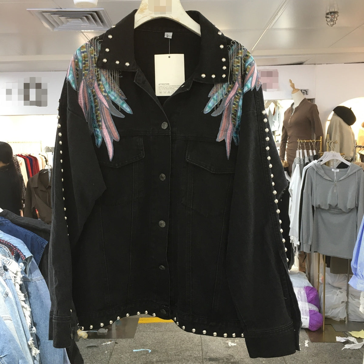 Chaqueta Vaquera Denim Algodón Holgada Manga Murciélago Bordado Alas Flecos Street Primavera Otoño Mujer Negro Azul