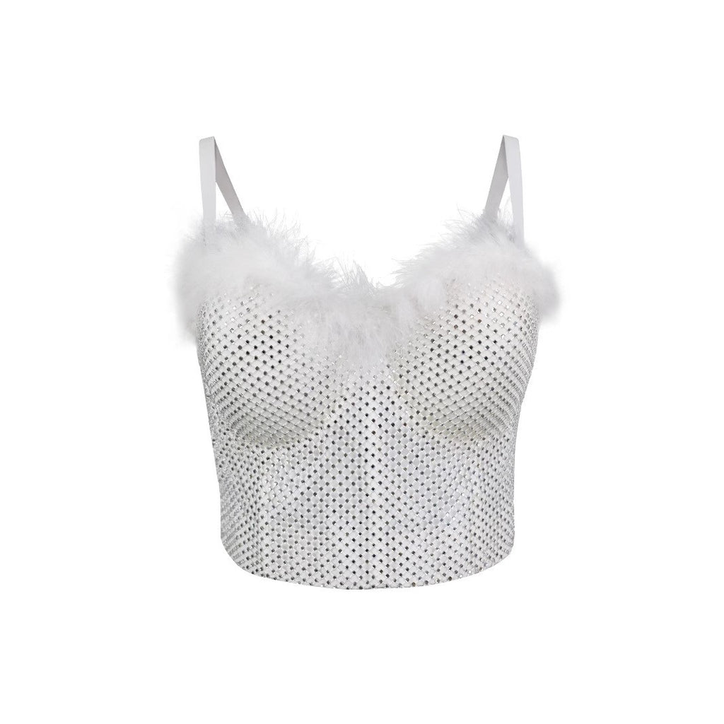 Lace-Up Back Fitted Camisole with Feather and Rhinestone Embellishments