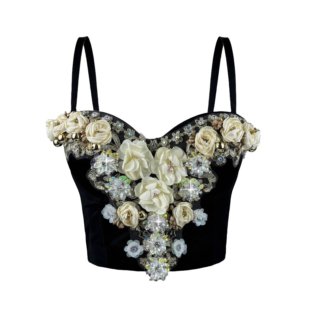 Top Corsé de pedrería con flores estilo europeo y americano