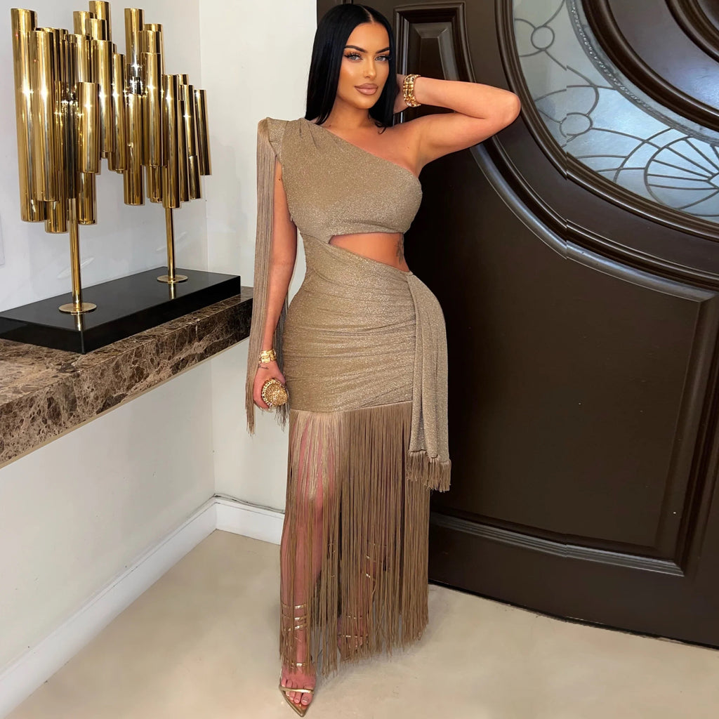 Asymmetric Fringe One-Shoulder Long Dress