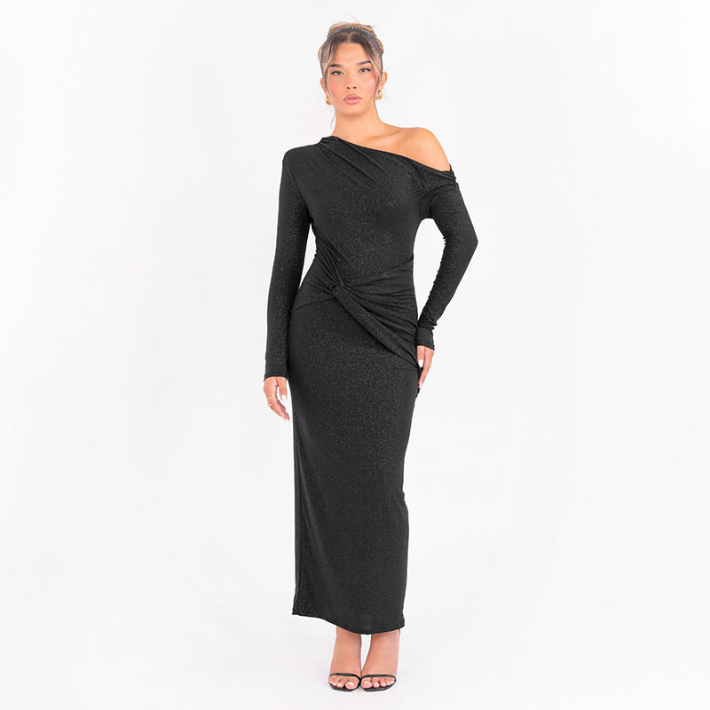 Autumn/Winter New Fashion Shoulder Cut-Out Long Sleeve Bodycon Maxi Dress, Sexy Pleated Fitted Dress