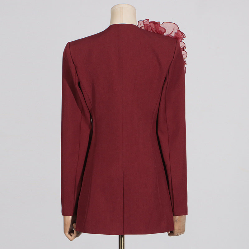 Blazer Poliéster Slim Fit Encaje Floral Empalmado Cuello V Manga Larga Elegante Alta Gama Mujer Rojo
