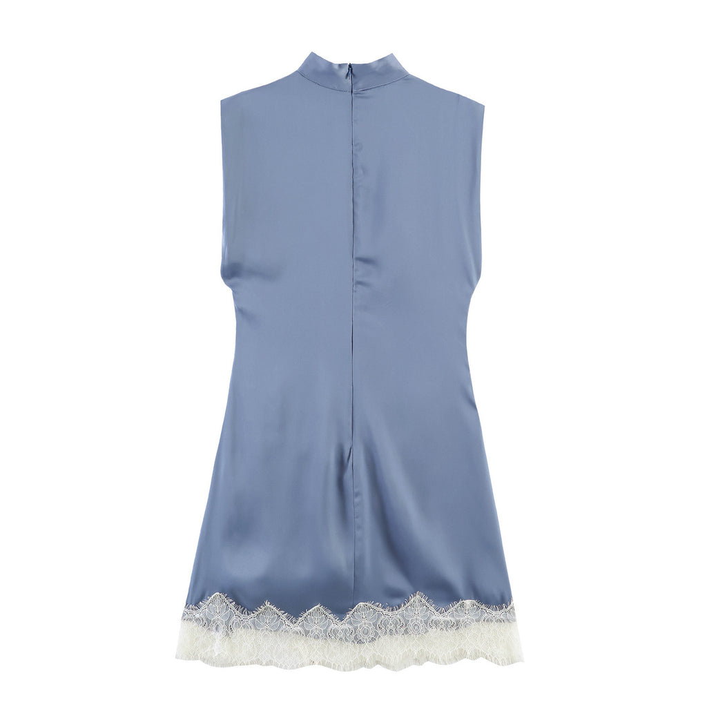 Blusa Azul Satinada con Encaje sin Mangas