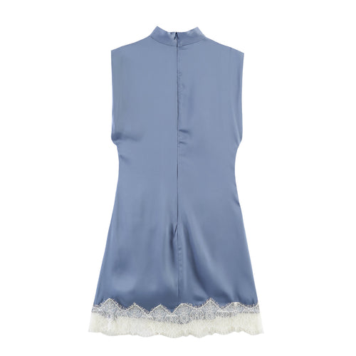 Blusa Azul Satinada con Encaje sin Mangas