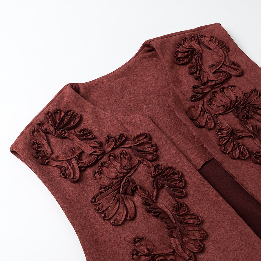 Top Chaleco Sin Mangas Bordado Floral Textura Ante