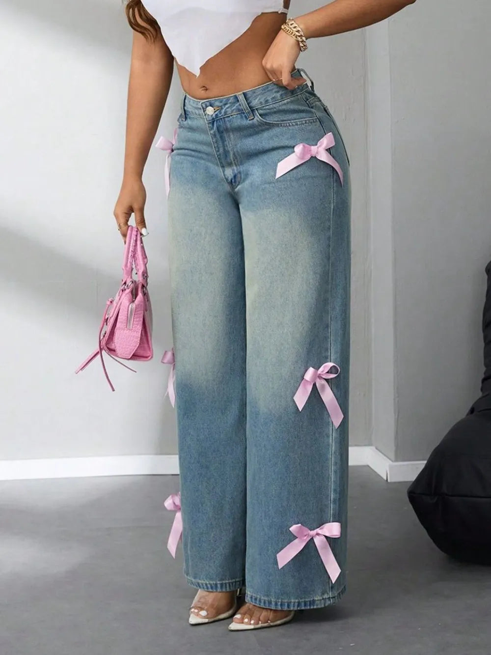 Vaquero Pierna Ancha Talle Alto Lazo Bolsillos Botones Denim Mujer