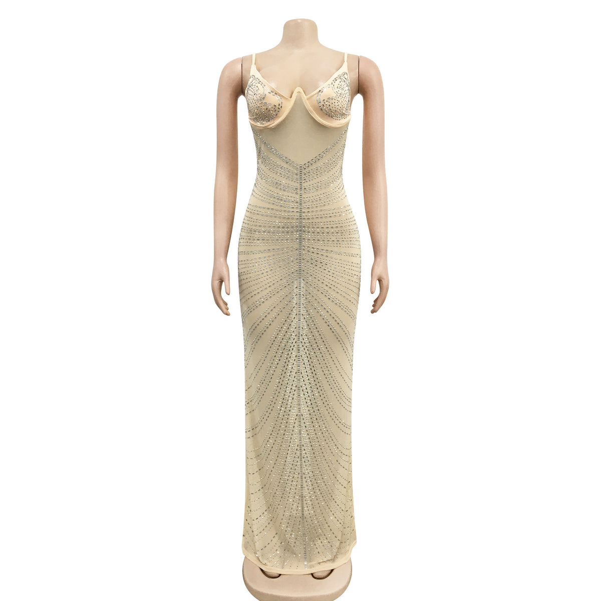 Vestido Largo Sin Mangas Tul Mesh Transparente con Pedrería Elegante Mujer