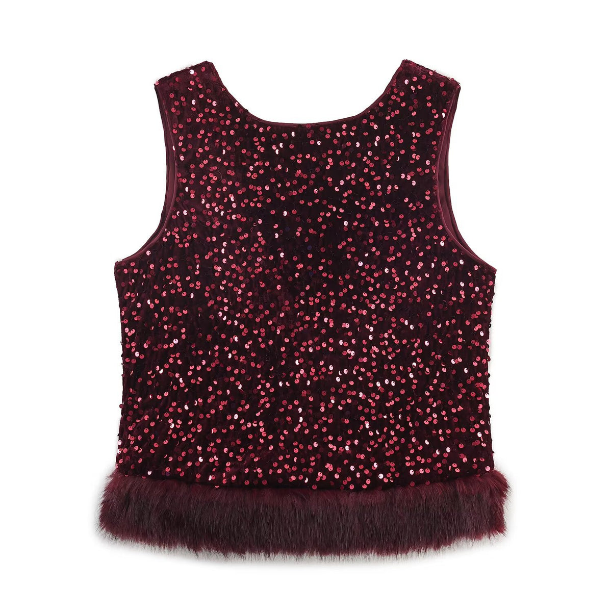 Conjunto Dos Piezas Top Sin Mangas Cuentas Bajo Pelo Sintético Pantalón Holgado Cuentas Glam Mujer Rojo