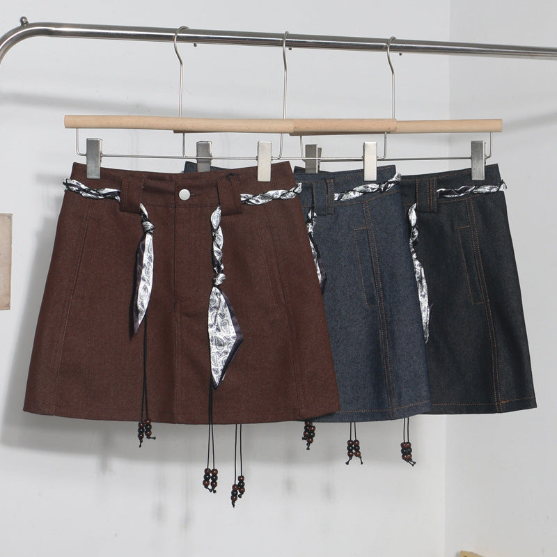 Silk scarf strap belt, high waist slimming denim skirt