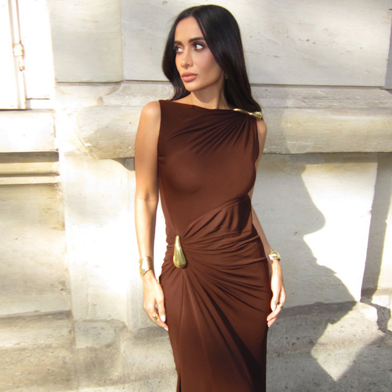 Fashionable Sexy Fitted Metallic Decorated Pleated Sleeveless Bodycon Dress
