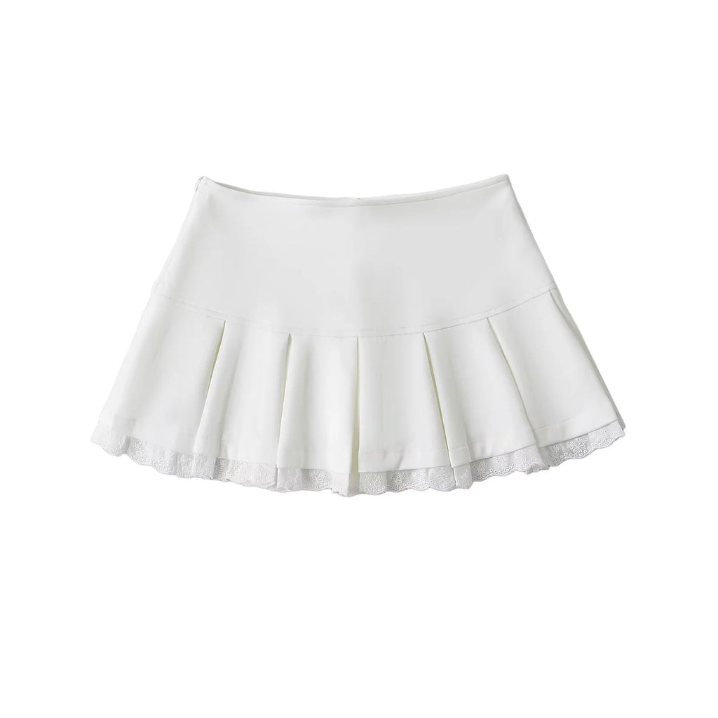 Falda Corta Plisada Encaje Algodón Spandex Color Liso Streetwear Casual Mujer