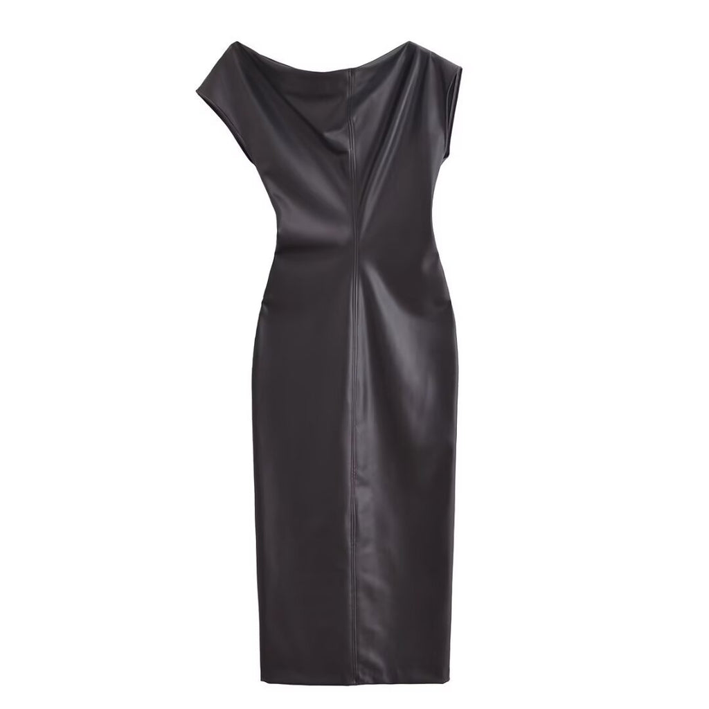 Vestido Largo Asimétrico Polipiel Plisado Manga Corta Slim Fit Mujer