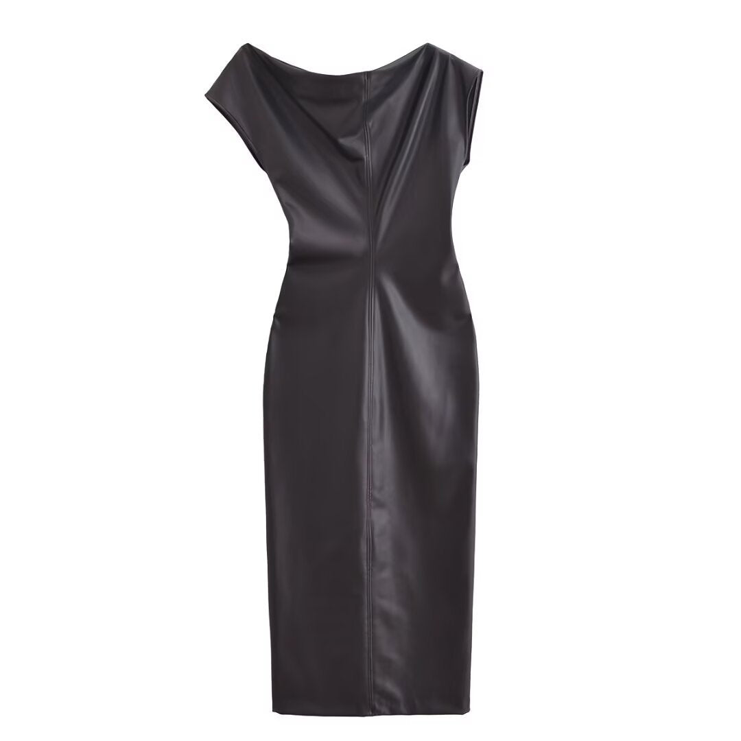 Vestido Largo Asimétrico Polipiel Plisado Manga Corta Slim Fit Mujer