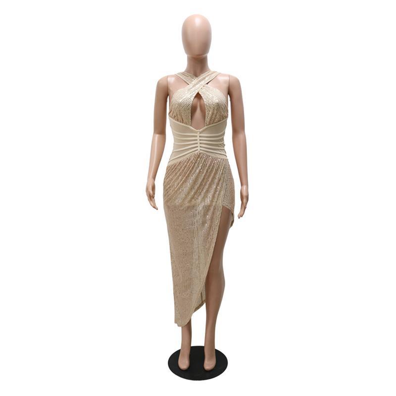 Vestido de Fiesta con Lentejuelas y Cuello Halter, Sexy, Irregular