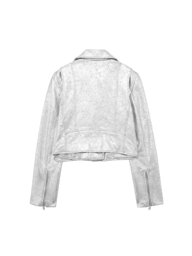 Chaqueta Bomber Corta Cuero Sintético Plateado Manga Larga Solapa Bolsillos Streetwear Otoño Mujer