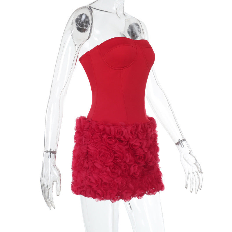 Vestido Corto Sin Tirantes Textura Floral 3D en Relieve Cremallera Mujer
