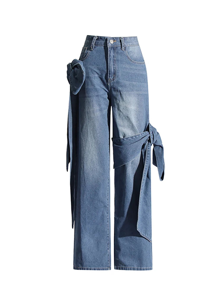 Vaqueros Pierna Ancha Cintura Alta Asimétrico Lazo Patchwork Denim Mujer