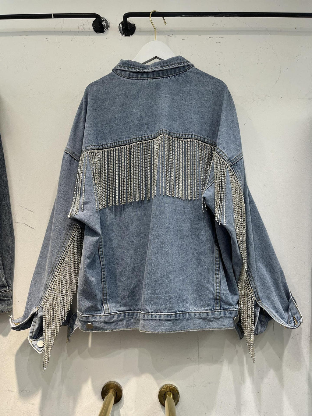 Chaqueta Corta Vaquera Denim Algodón Manga Murciélago Cadenas Flecos Industria Pesada Street Fashion Mujer Azul