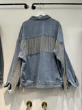 Chaqueta Corta Vaquera Denim Algodón Manga Murciélago Cadenas Flecos Industria Pesada Street Fashion Mujer Azul