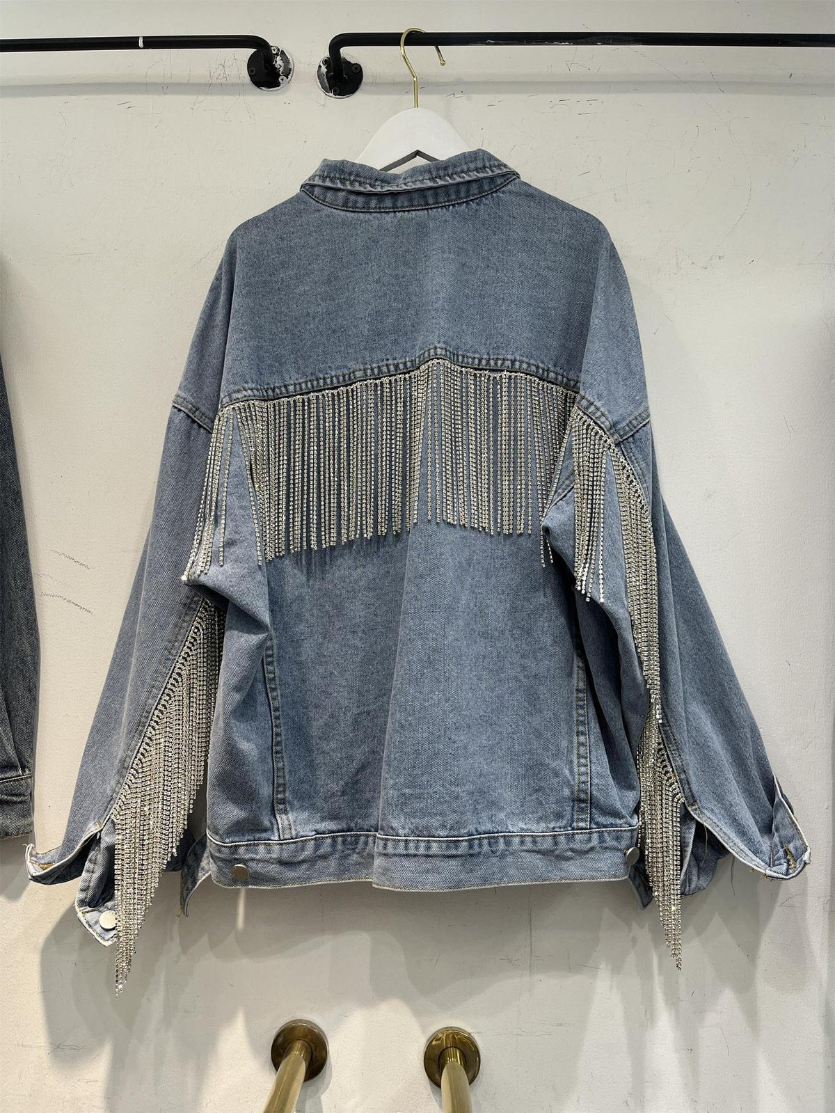 Chaqueta Corta Vaquera Denim Algodón Manga Murciélago Cadenas Flecos Industria Pesada Street Fashion Mujer Azul
