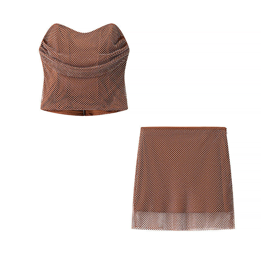 Conjunto Dos Piezas Top Sin Tirantes Transparente Empalmado Mini Falda Poliéster Street Fashion Casual Mujer Marrón