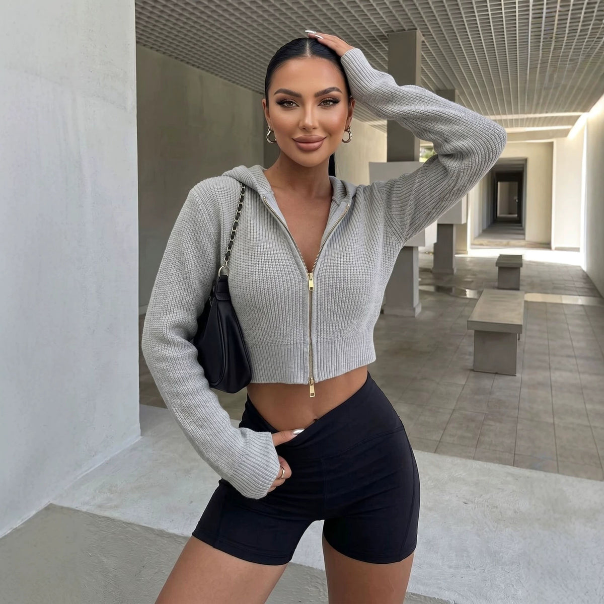 Cárdigan Corto Cremallera Capucha Punto Acanalado Waffle Acrílico Casual Mujer Gris Negro