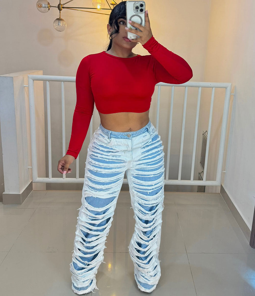 Vaquero Recto Largo Cintura Alta Doble Capa Lavado Efecto Roto Distressed Streetwear Mujer