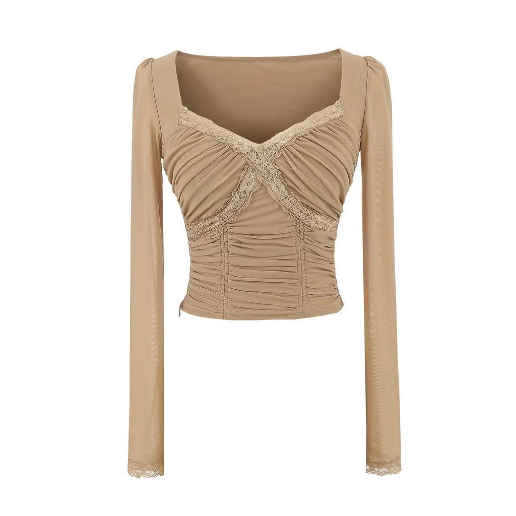 Lace patchwork V-neck long sleeved T-shirt with chest cushion
