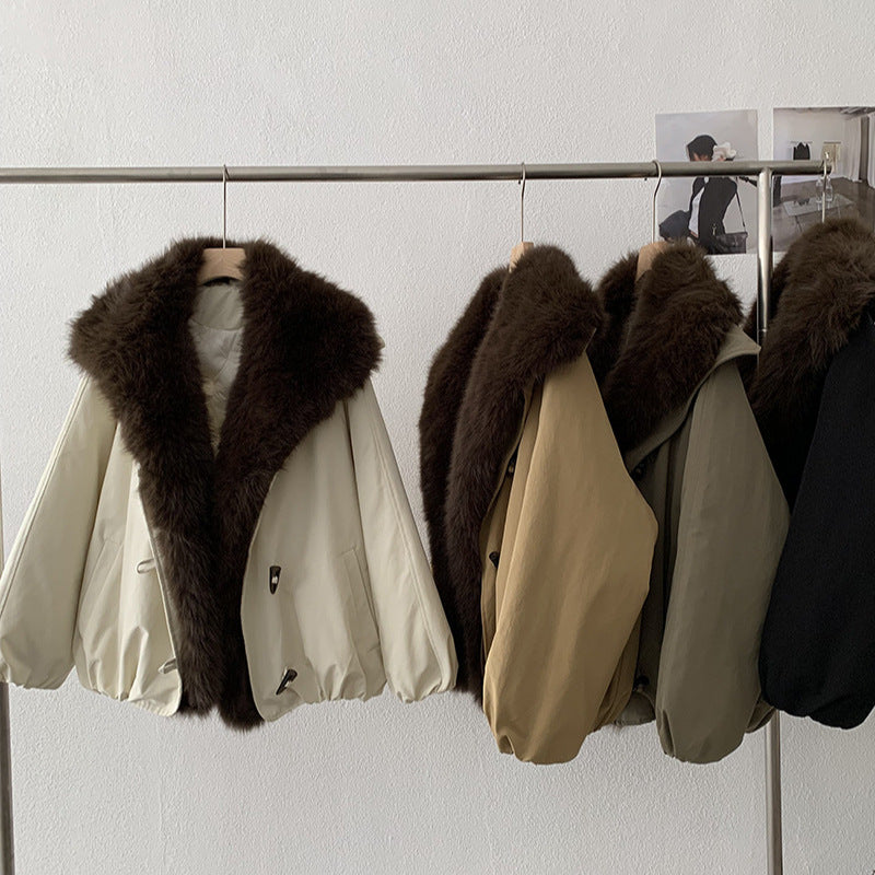 Parka Poliéster Holgada Cuello Pelo Sintético Zorro Desmontable Manga Raglán Gruesa Retro Talla Única Mujer Albaricoque Verde Militar Camel Negro