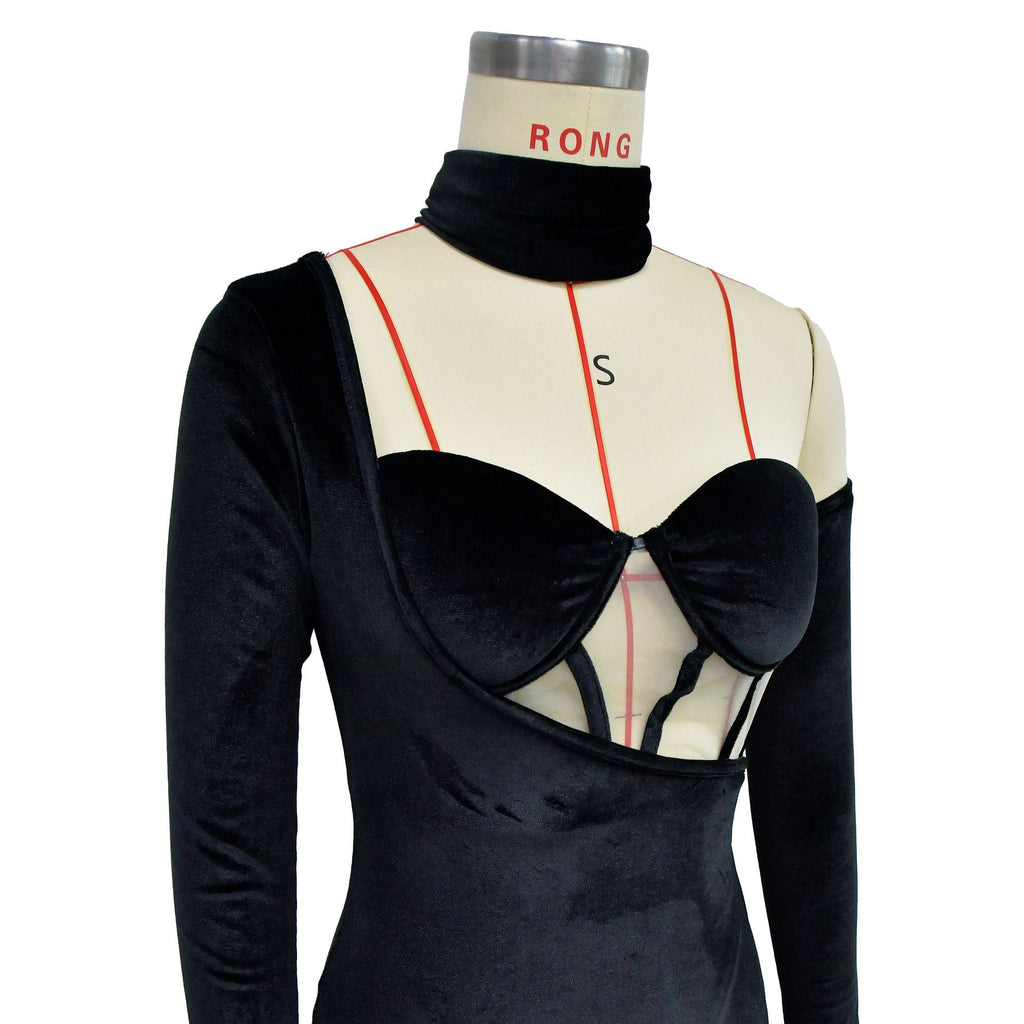 Vestido Largo Sin Tirantes Manga Larga Terciopelo Cintura Elástica Elegante Mujer