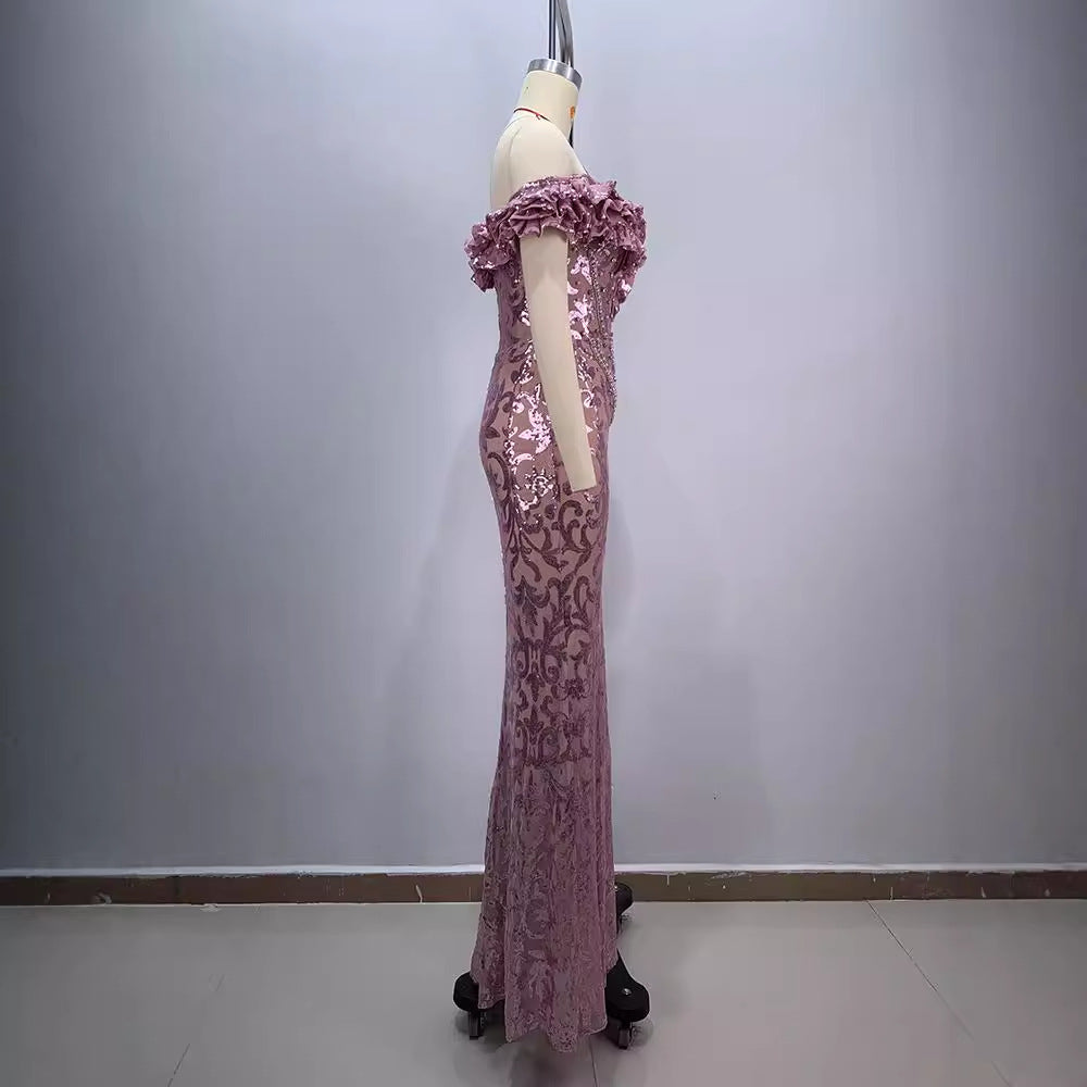 Vestido Largo Malla Manga Corta Escote V Slim Fit Abalorios Sexy Socialité Cremallera Mujer Rosa