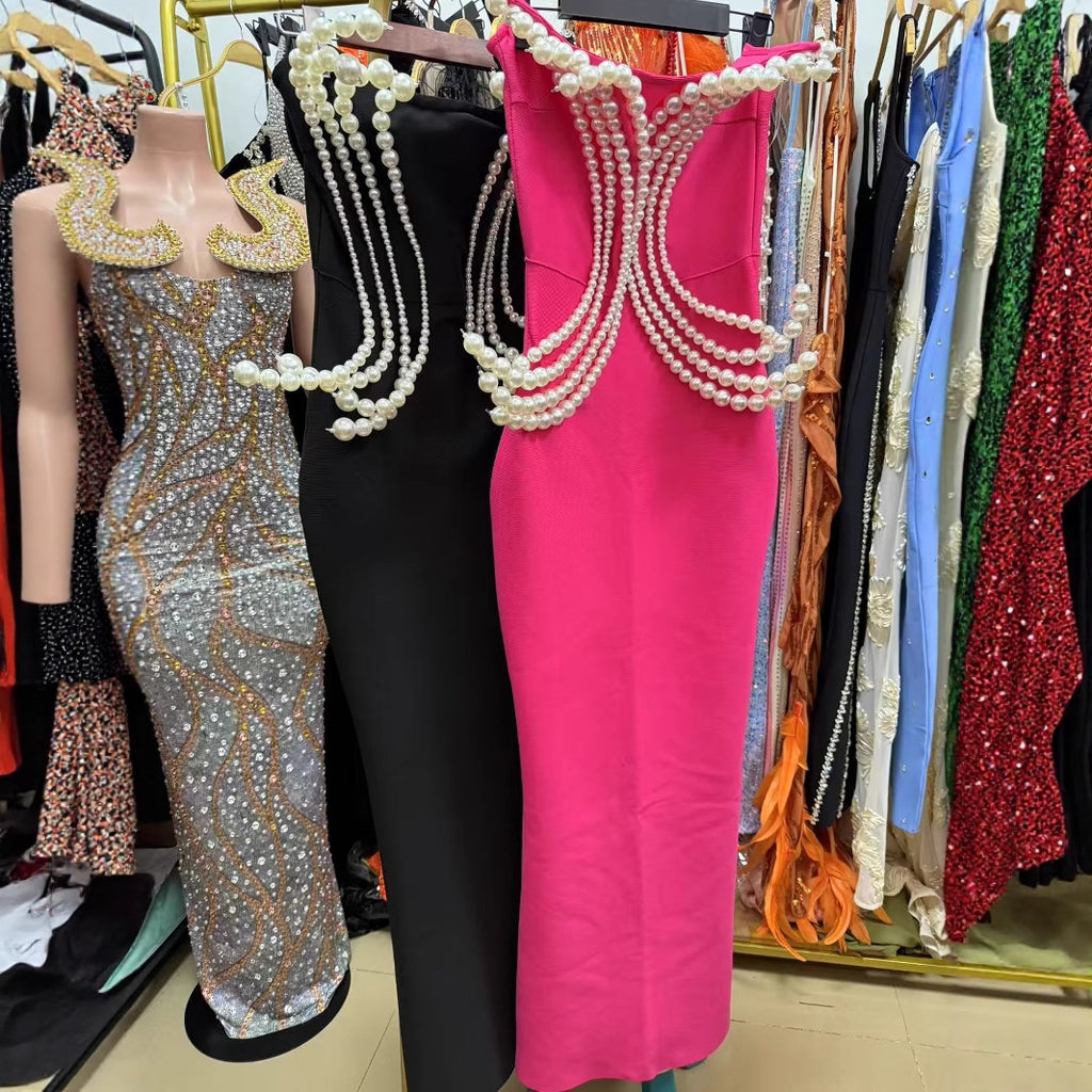Vestido de Lujo con Lentejuelas Tipo Vendaje para Pasarela de Moda, Celebridades, Banquetes, Club y Exportación, Vestido de Noche