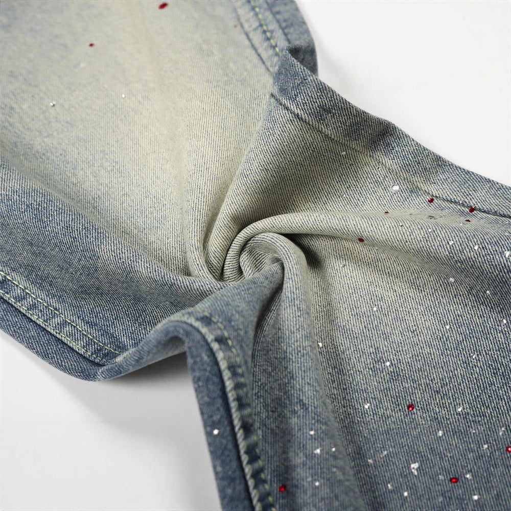 Vaquero Holgado Recto Strass Completo Lavado Blanco Bajo Acanalado Street Fashion Unisex