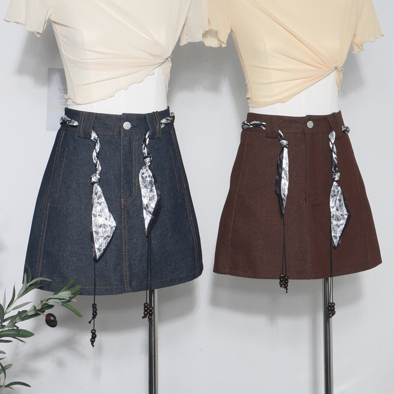 Silk scarf strap belt, high waist slimming denim skirt