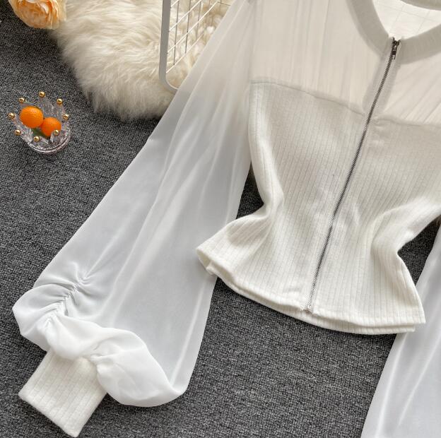 French Sweet Lantern Sleeve Chiffon Shirt Female Design Sense Niche Self-Cultivation Thin Waist Short Western Chic Zipper Top Trend