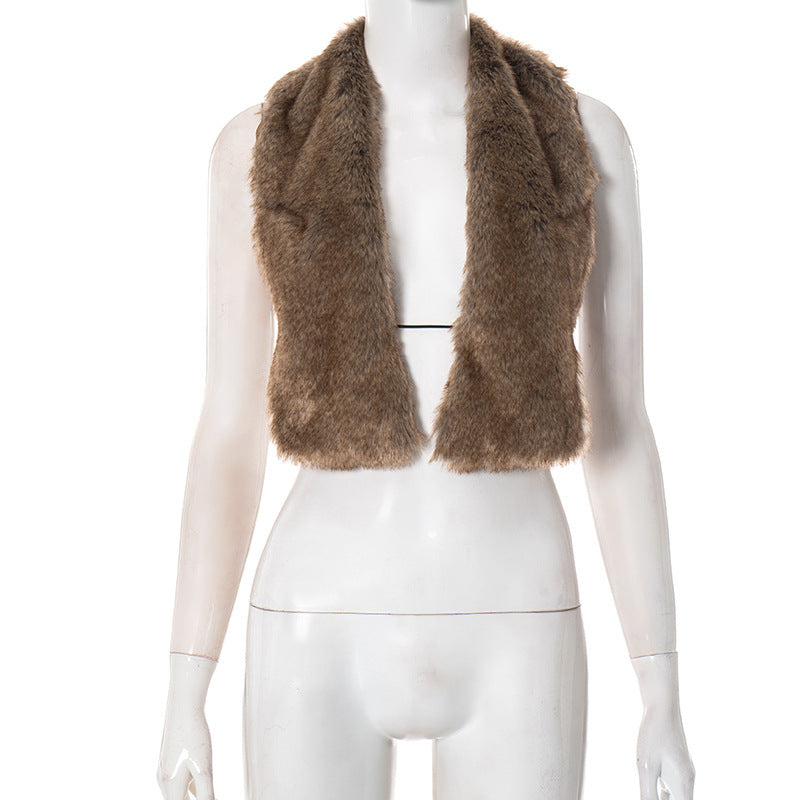 Sexy Open-Back Fuzzy Crop Top with Tie-Up Detail and Revealing Neckline