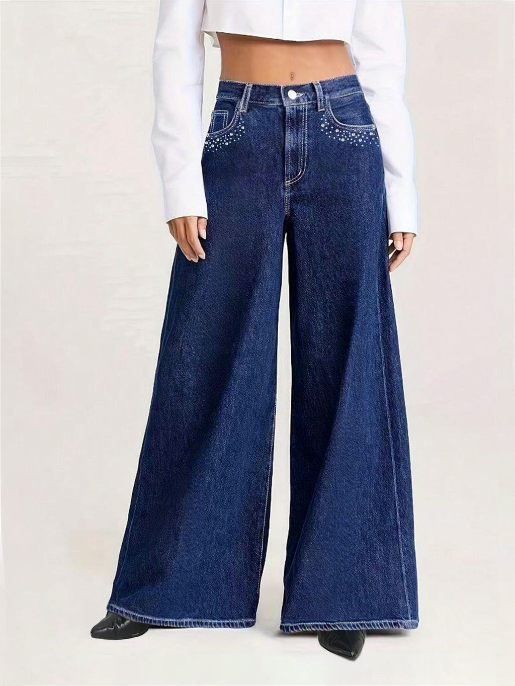 Vaquero Largo Pierna Ancha Talle Medio Strass Bolsillo Denim Lavado Casual Mujer