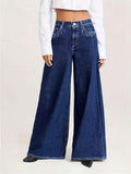 Vaquero Largo Pierna Ancha Talle Medio Strass Bolsillo Denim Lavado Casual Mujer