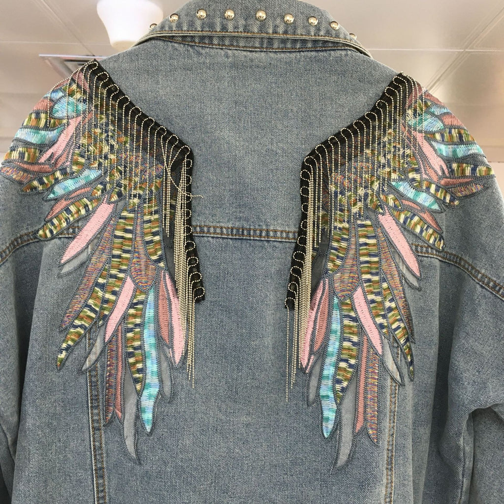 Chaqueta Vaquera Denim Algodón Holgada Manga Murciélago Bordado Alas Flecos Street Primavera Otoño Mujer Negro Azul