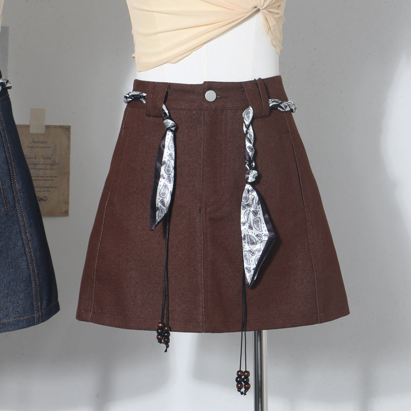 Silk scarf strap belt, high waist slimming denim skirt