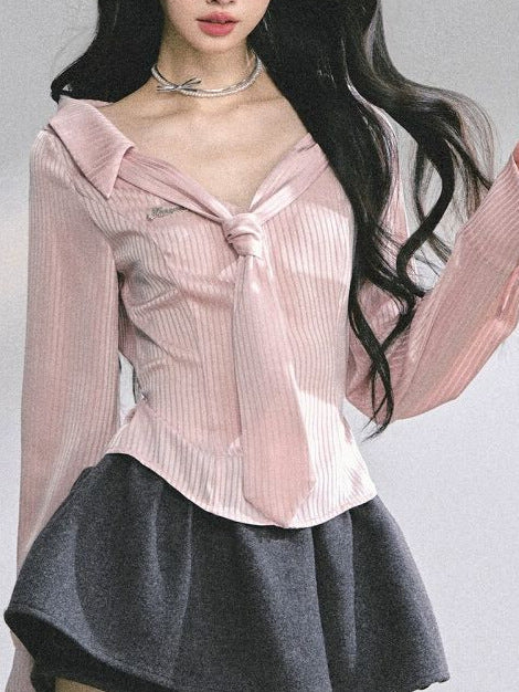Striped Polo Collar Shirt Slim Fit Sweet Top