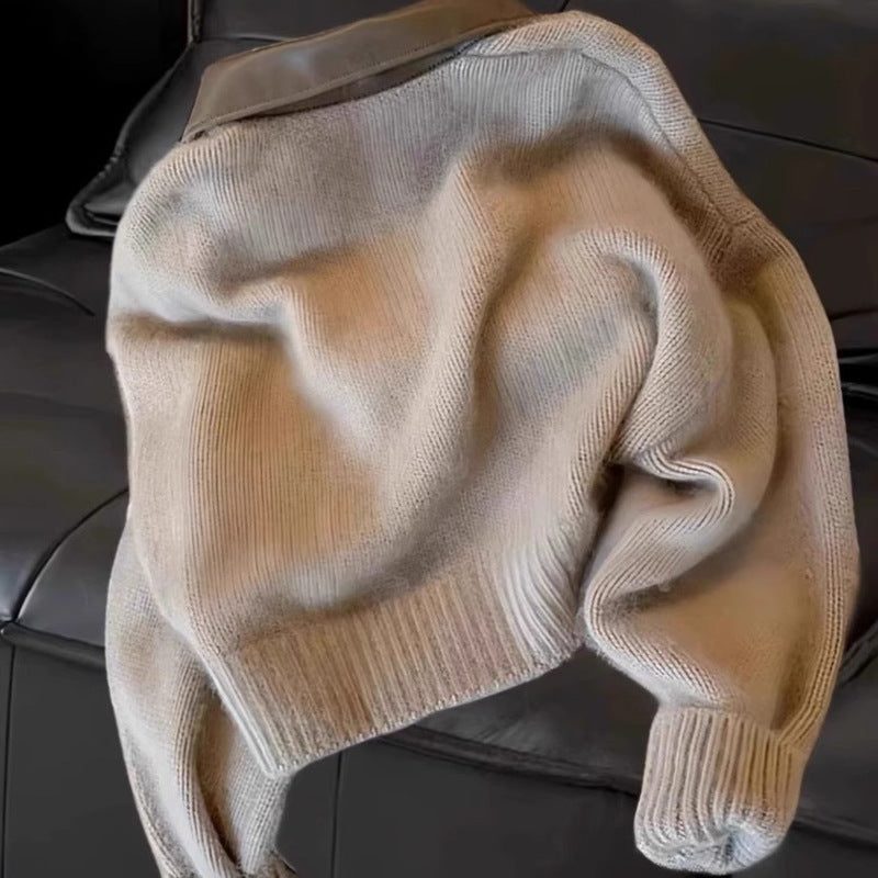 Jersey Punto Rayón Cuello Polo Abertura Delantera Manga Larga Talla Única Otoño Chic Commuter Mujer Negro Kaki Beige