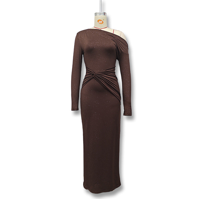 Vestido Maxi Bodycon Manga Larga Cut-Out Hombro Plisado