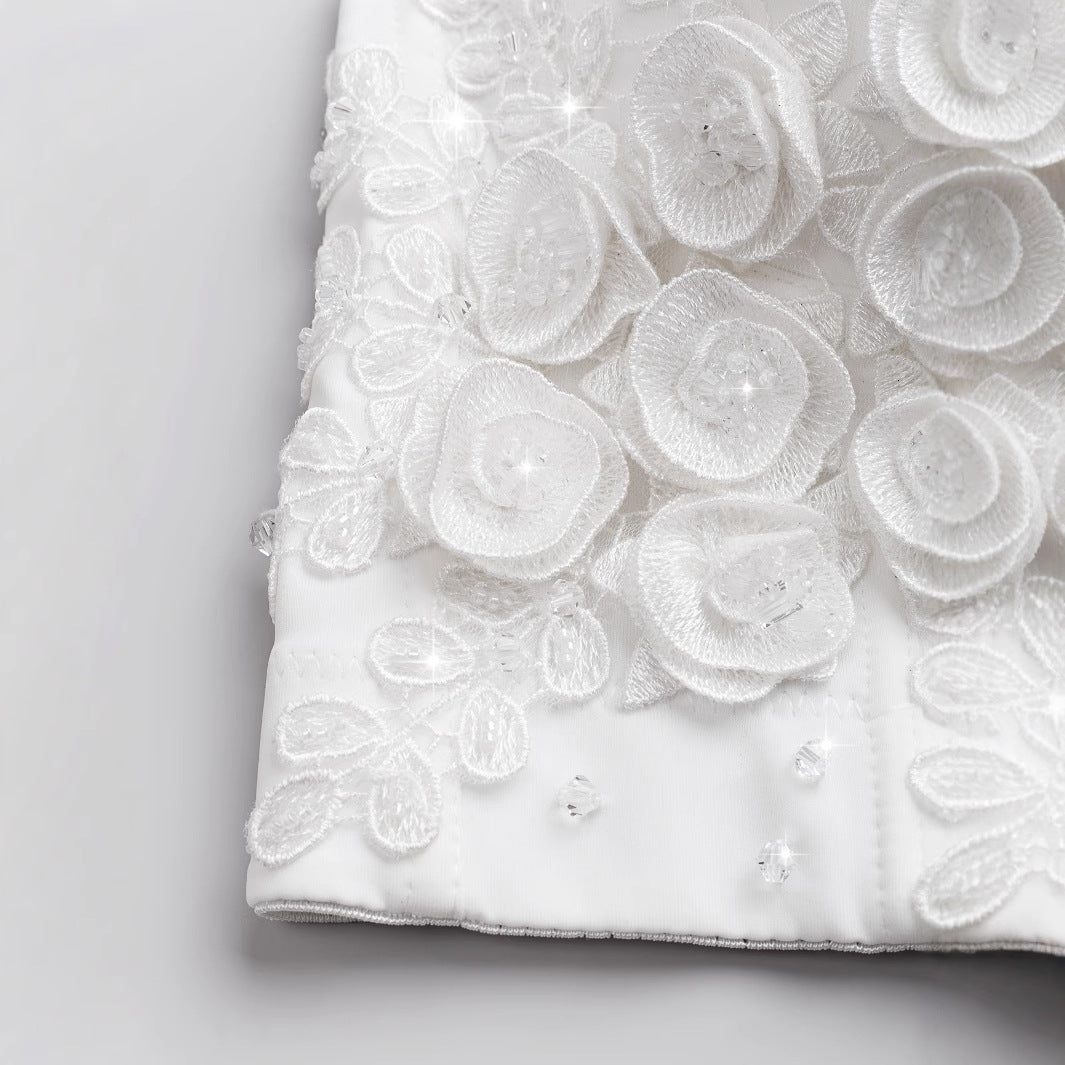 Sexy Bone Corset White Camisole Heavy Embroidered Petal Halter Strapless