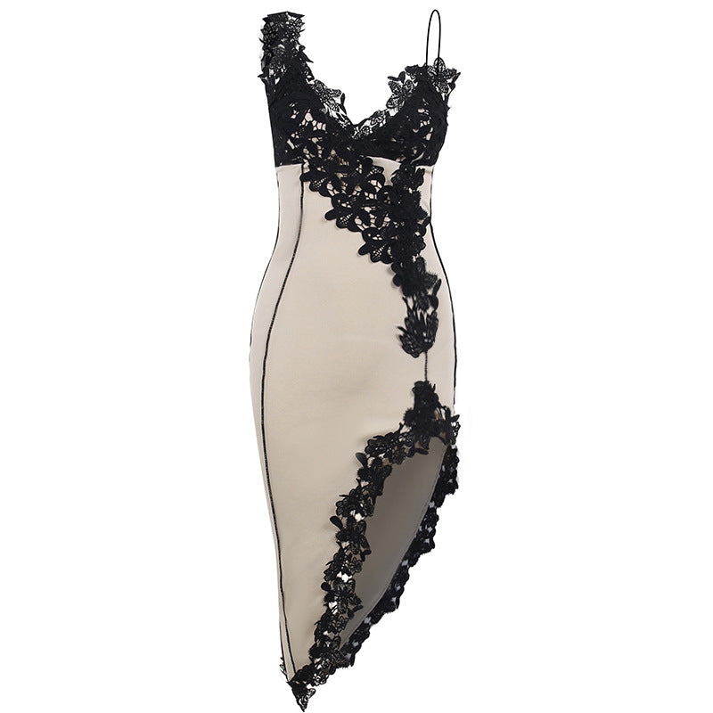 Vestido Mini Bodycon Escote V Profundo Tirantes Espalda Descubierta Encaje Sexy Mujer