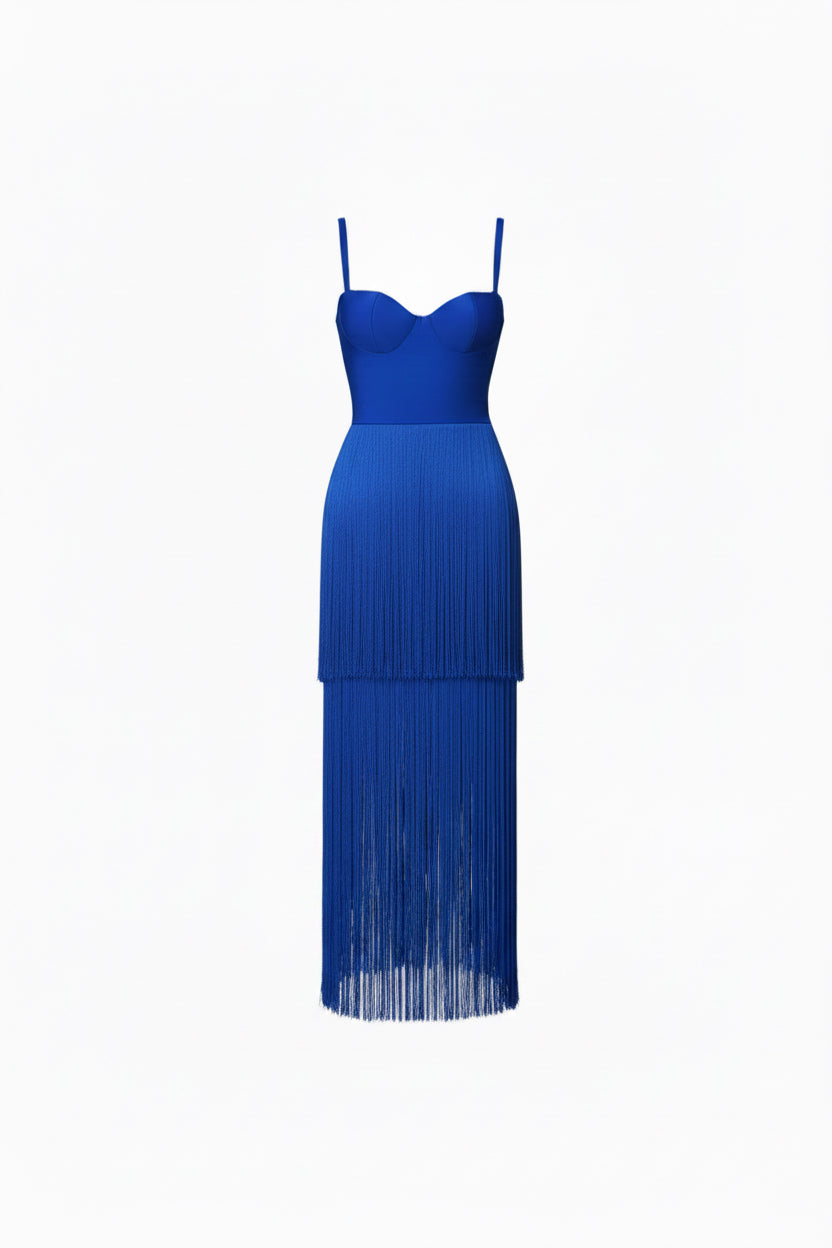 Vestido para Evento con Flecos Azul eléctrico