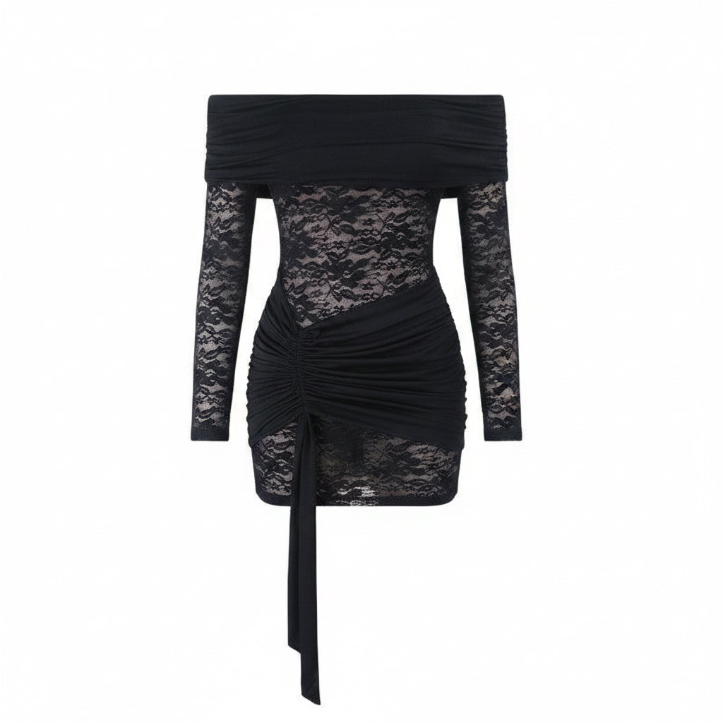 Vestido mini ajustado de fiesta para mujer de otoño, de un solo hombro, color sólido, con encaje transparente y cinta.