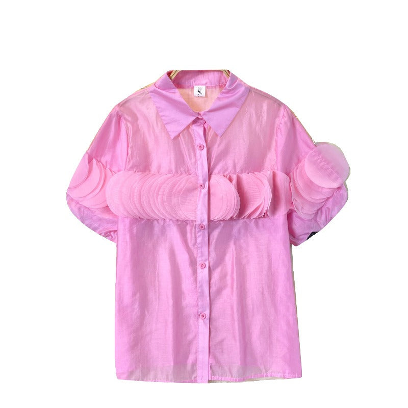 Camisa Gasa Pétalos Patchwork Manga Abullonada Transparente Mujer