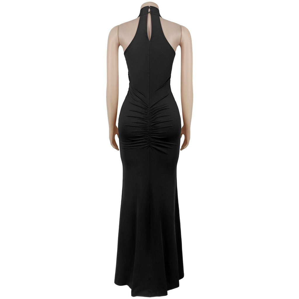 Vestido Largo Bodycon Sin Mangas Cuello Alto Pedrería Terciopelo Lentejuelas Abertura Elegante Mujer