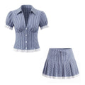 Conjunto Dos Piezas Camisa Cuadros Manga Tres Cuartos Botones Mini Falda Encaje Poliéster Casual Mujer